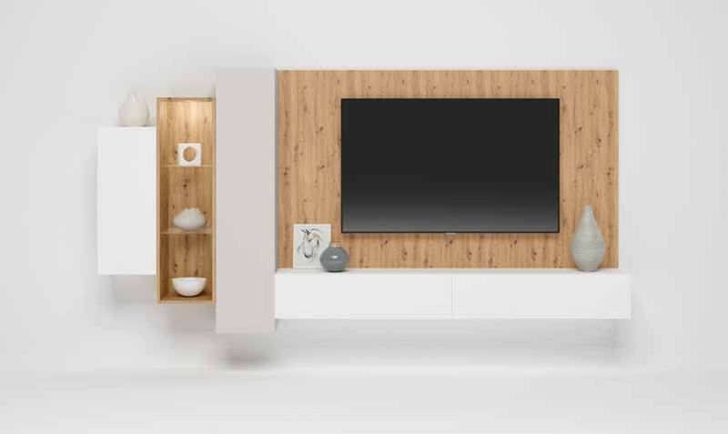 Fotografía de composición modular de salón de la colección FRESH, en acabado Arena / Tao / Grafito.