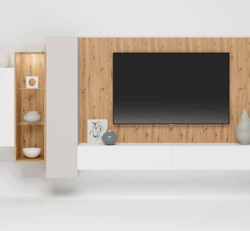 Fotografía de composición modular de salón de la colección FRESH, en acabado Arena / Tao / Grafito.