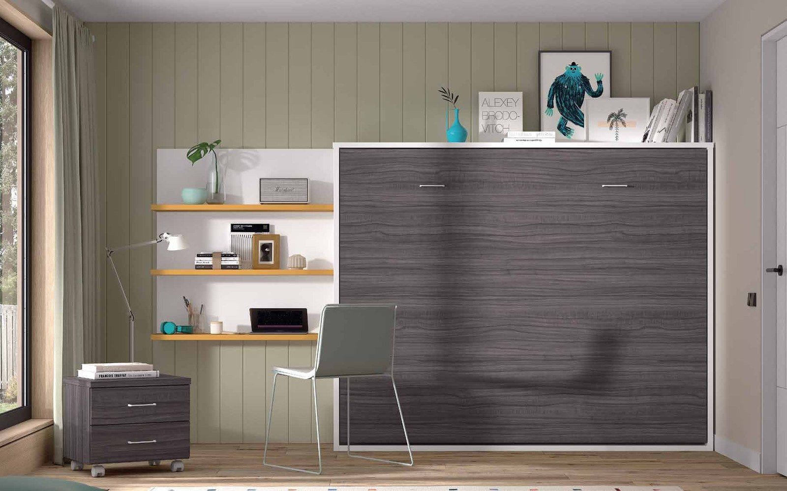 Dormitorio juvenil W•024 con cama abatible y acabados BLANCO, CAMEL, ONYX.