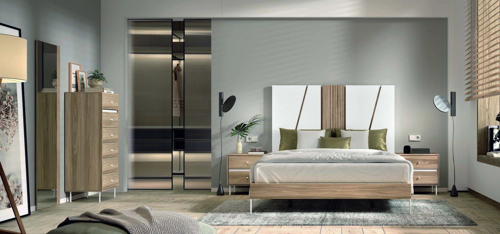matrimonio-emotion-dormitorio-07-principal-01.jpg: Dormitorio Emötion composición 07 con cama doble, galería flexia, módulos line, cómoda alta y armario visible al fondo