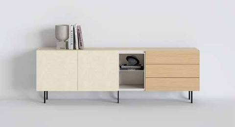 Fotografía de mueble de televisión de salón de la colección FRESH, en acabado Arena / Ágata / Tao.