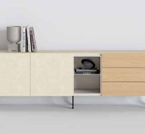Fotografía de mueble de televisión de salón de la colección FRESH, en acabado Arena / Ágata / Tao.