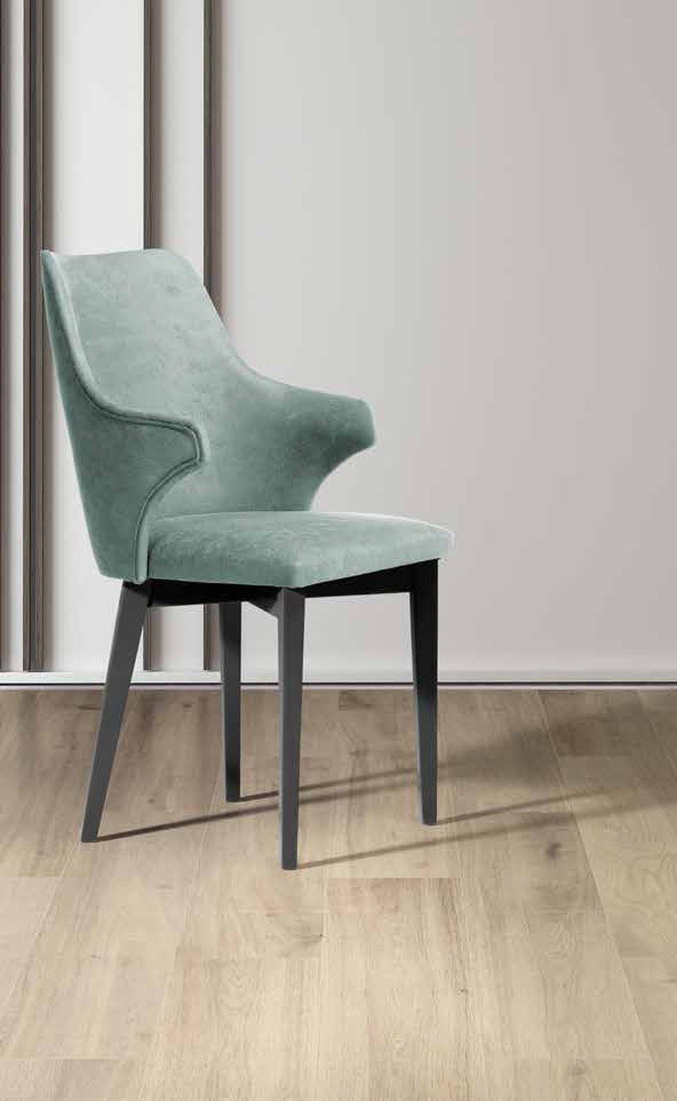 Silla de comedor modelo 206 de SG, respaldo tapizado con orejas laterales, sobre patas oscuras
