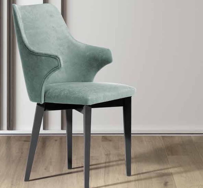 Silla de comedor modelo 206 de SG, respaldo tapizado con orejas laterales, sobre patas oscuras