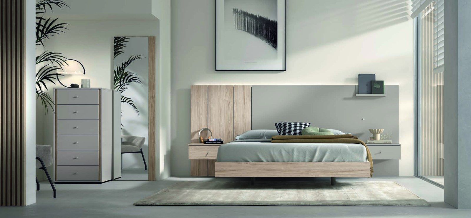 matrimonio-emotion-dormitorio-02-principal-01.jpg: Dormitorio Emötion composición 02 con cama doble, cabecero con iluminación, módulos auxiliares, cómoda alta, espejo y estante