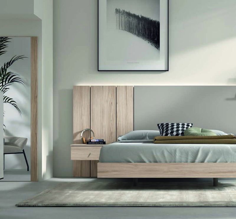 matrimonio-emotion-dormitorio-02-principal-01.jpg: Dormitorio Emötion composición 02 con cama doble, cabecero con iluminación, módulos auxiliares, cómoda alta, espejo y estante