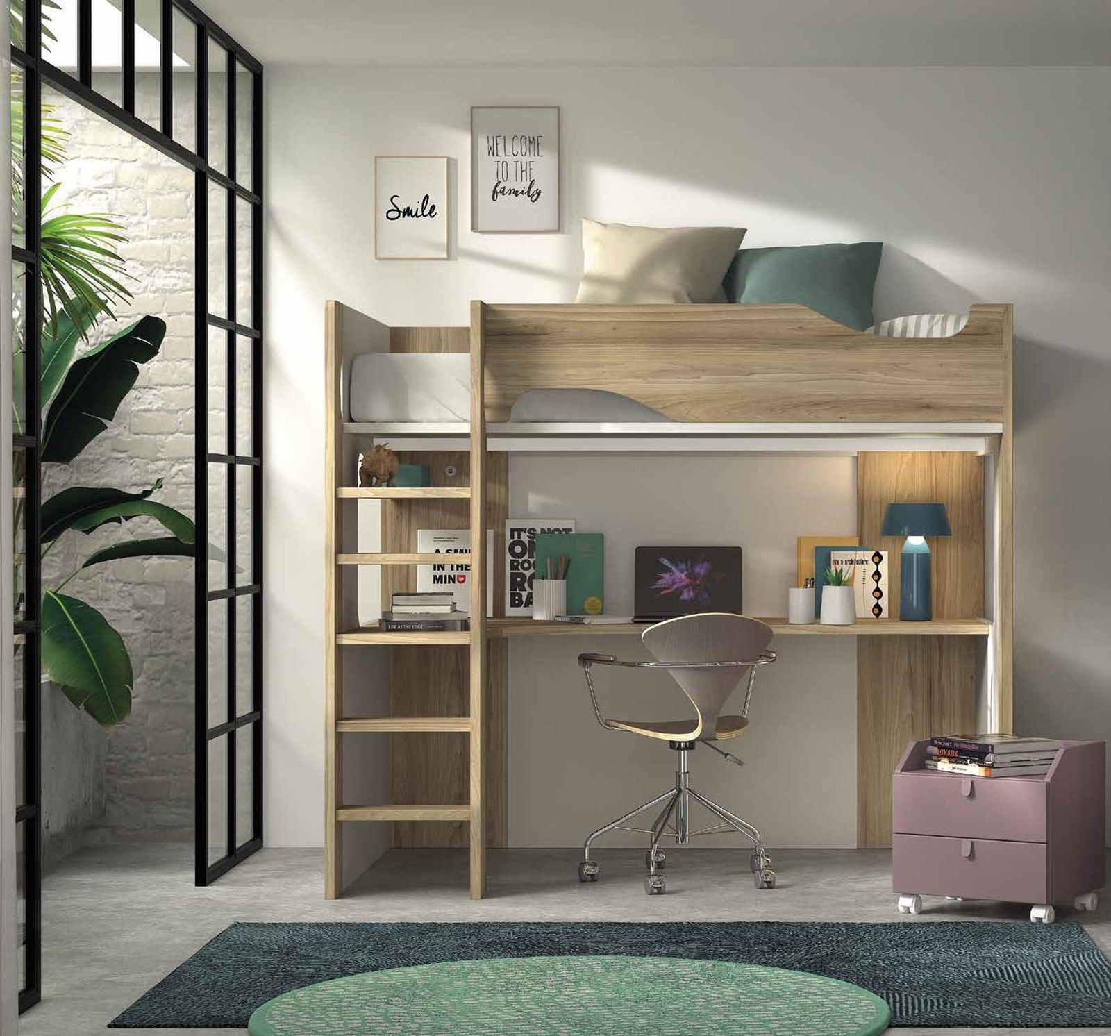 Vista general de la composición F-207, se observan cama elevada sobre escritorio, escalera-librería y cajonera.