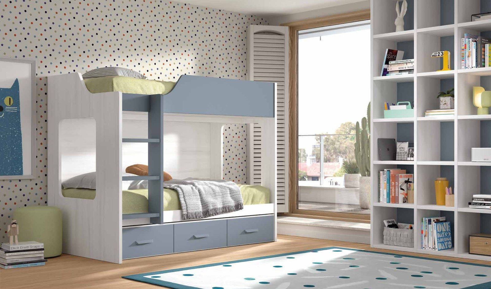 Dormitorio juvenil W•030 con litera y acabados TIZA, AVIO.