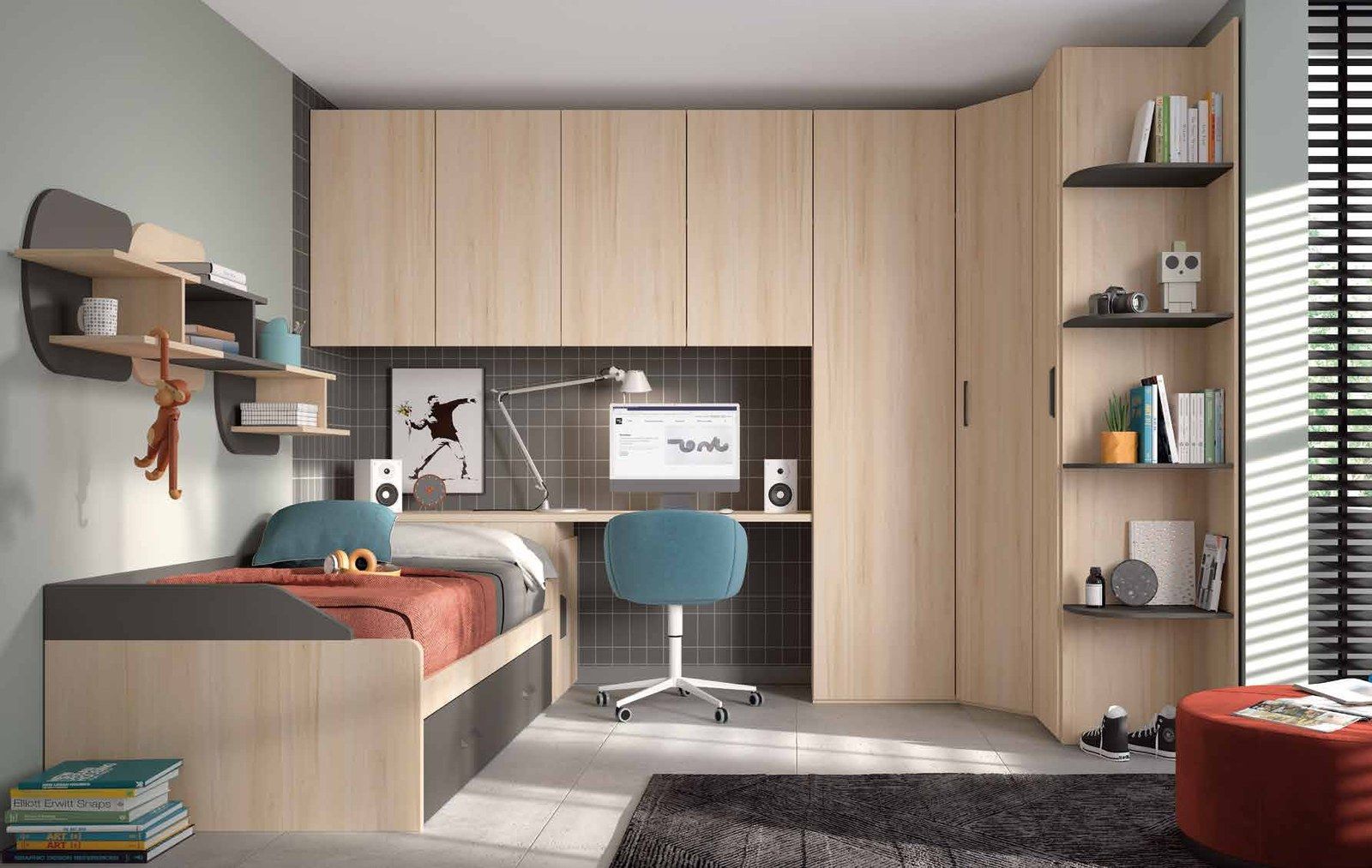 Dormitorio juvenil W•020 con cama nido y acabados ÁMBAR, PIZARRA.