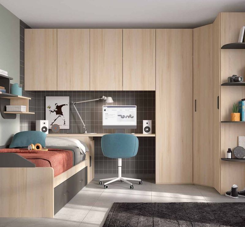 Dormitorio juvenil W•020 con cama nido y acabados ÁMBAR, PIZARRA.