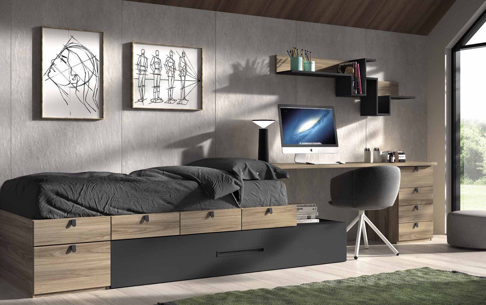 Vista general de la composición F-153, se observan cama modular con nido y cajones, escritorio con cajonera y estantes en U.