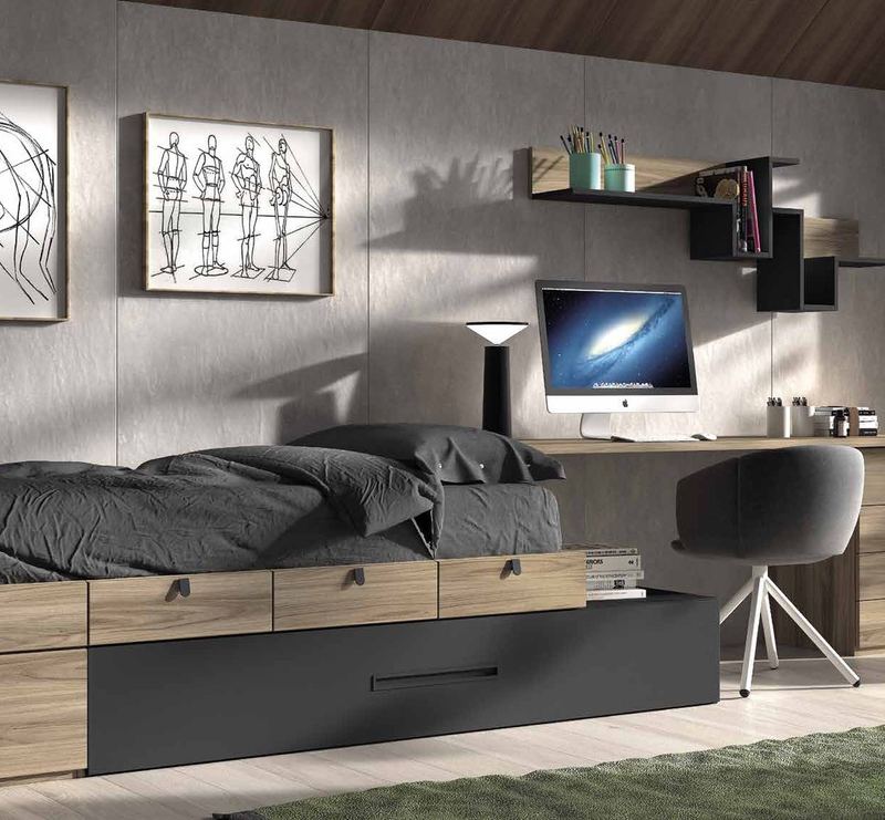 Vista general de la composición F-153, se observan cama modular con nido y cajones, escritorio con cajonera y estantes en U.
