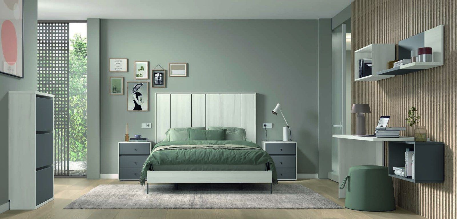 matrimonio-emotion-dormitorio-18-principal-01.jpg: Dormitorio Emötion composición 18 con cama doble, cabecero axtra, módulos line, escritorio y módulos murales