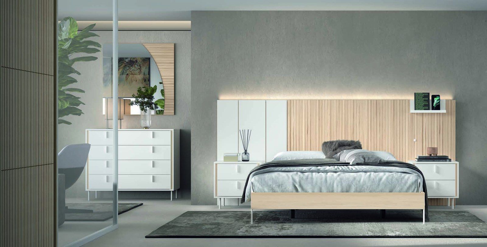 matrimonio-emotion-dormitorio-01-principal-01.jpg: Dormitorio Emötion composición 01 con cama doble, cabecero con iluminación, módulos auxiliares, cómoda y espejo