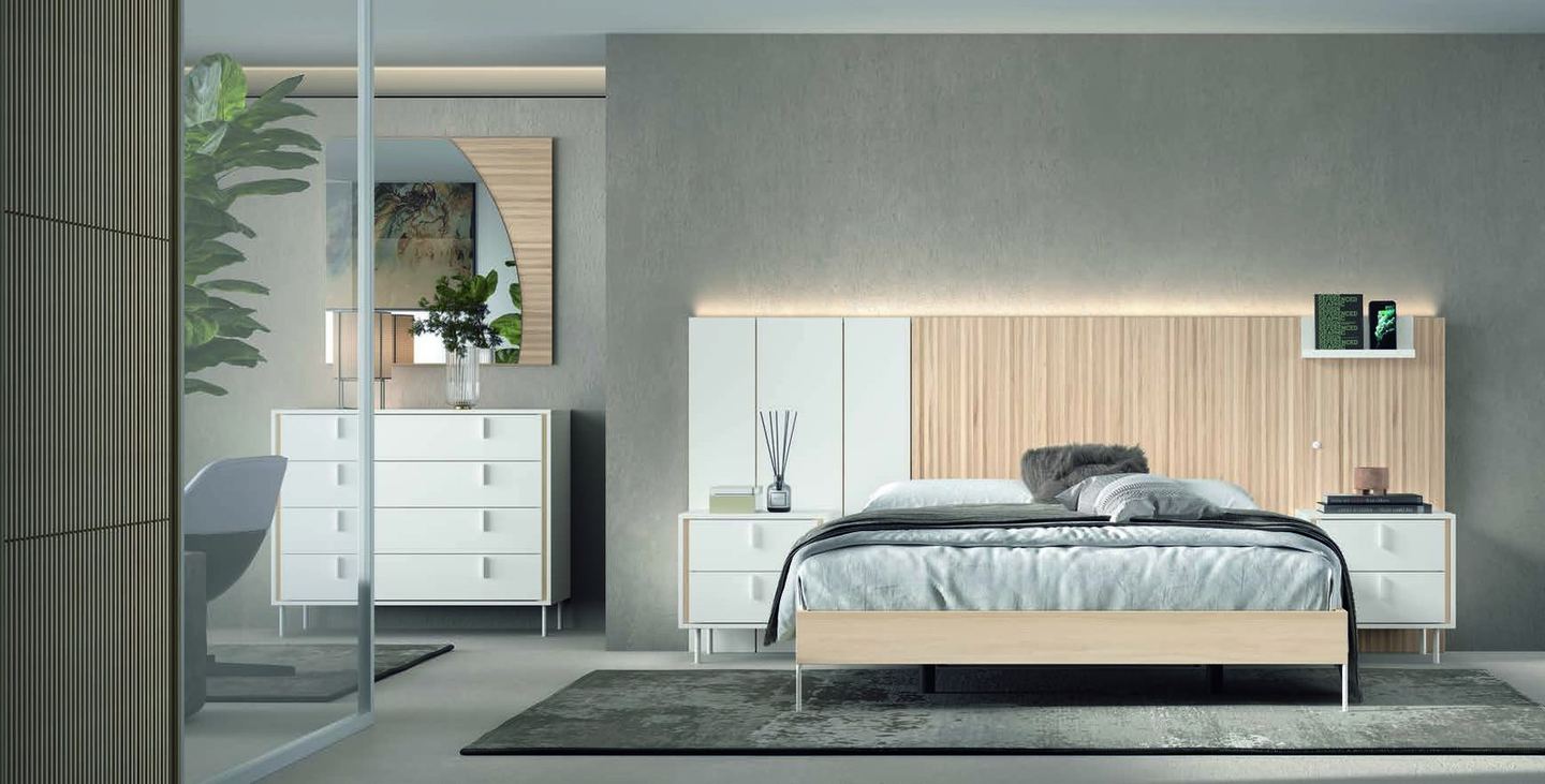 matrimonio-emotion-dormitorio-01-principal-01.jpg: Dormitorio Emötion composición 01 con cama doble, cabecero con iluminación, módulos auxiliares, cómoda y espejo