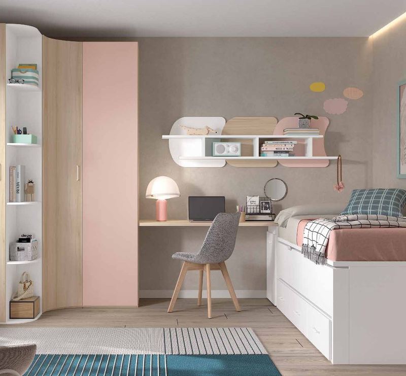 Dormitorio juvenil W•002 con compacto con cama inferior extraíble y acabados PINK, BLANCO, ÁMBAR.