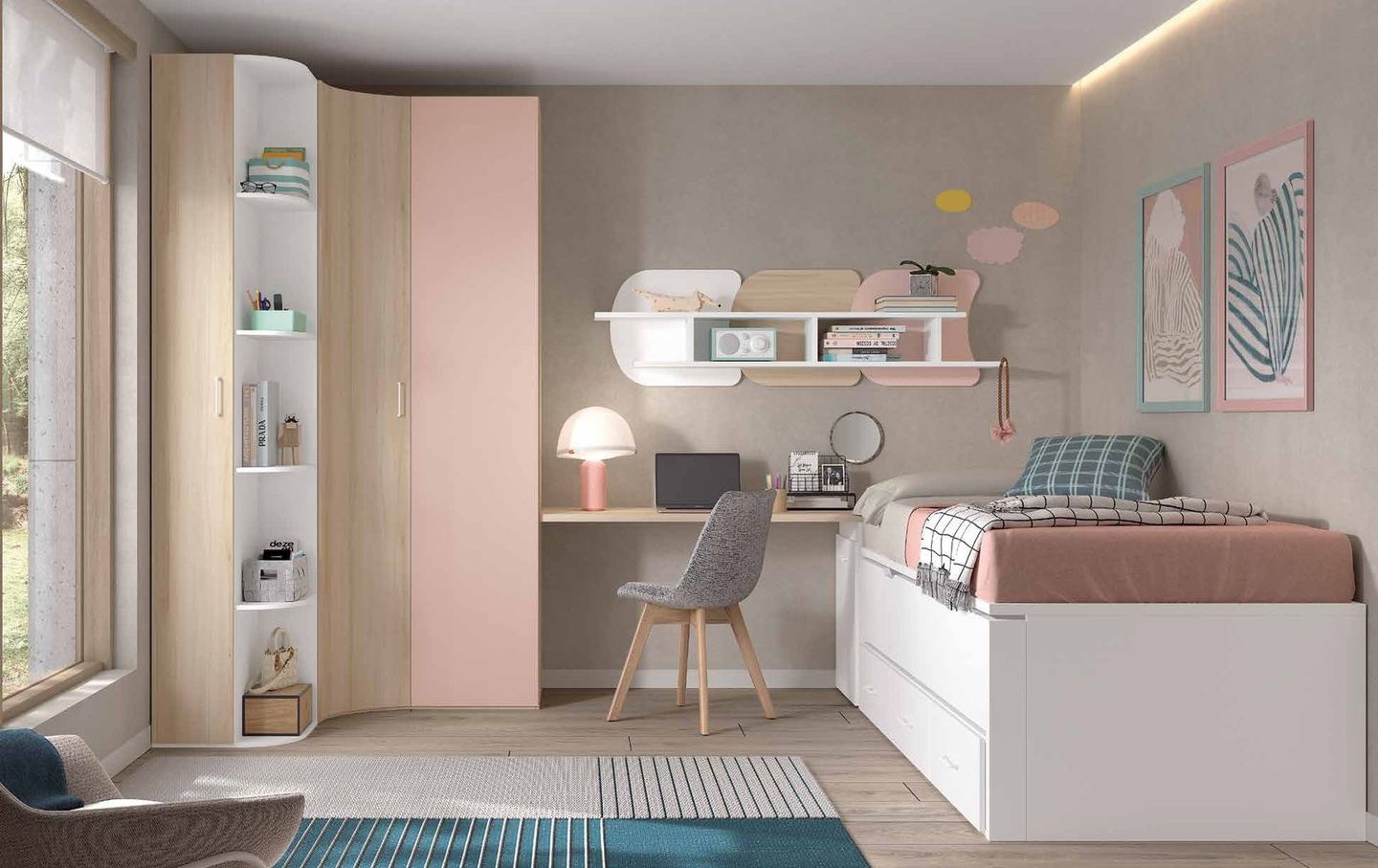 Dormitorio juvenil W•002 con compacto con cama inferior extraíble y acabados PINK, BLANCO, ÁMBAR.