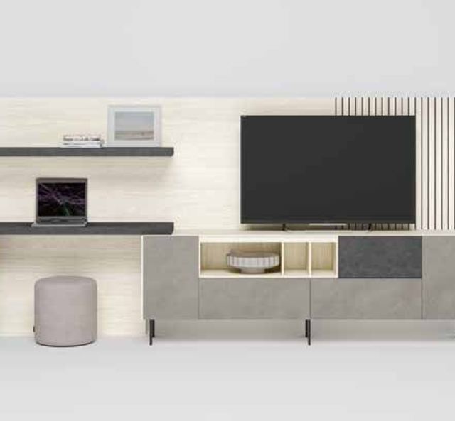 Fotografía de composición modular de salón de la colección FRESH, en acabado Boeta / Cuarzita / Grafito.