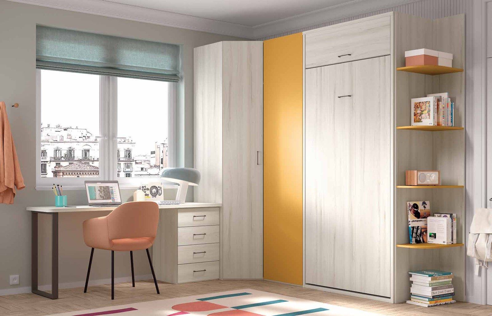 Dormitorio juvenil W•025 con cama abatible y acabados QUARZO, CAMEL, PIZARRA.