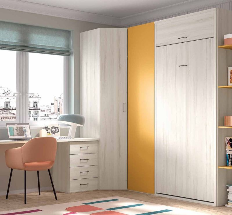 Dormitorio juvenil W•025 con cama abatible y acabados QUARZO, CAMEL, PIZARRA.