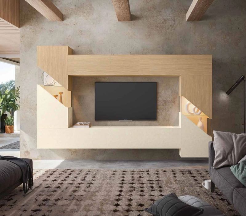 Fotografía de composición modular de salón de la colección FRESH, en acabado Riva / Arena / Cuarzita.