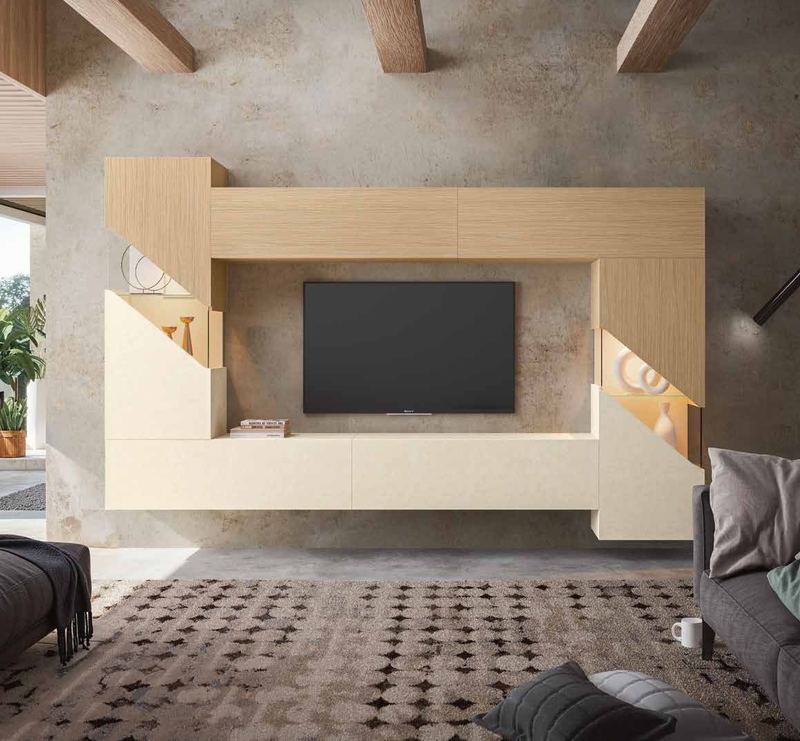 Fotografía de composición modular de salón de la colección FRESH, en acabado Riva / Arena / Cuarzita.