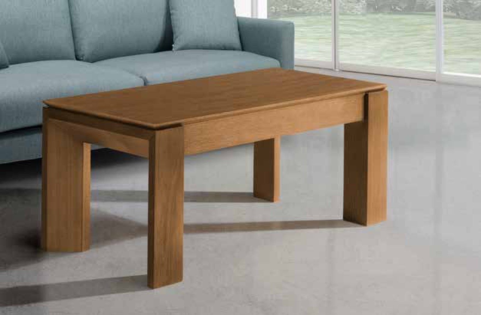 Mesa de centro elevable modelo 270 de SG, con el tablero rectangular volado por encima de las patas