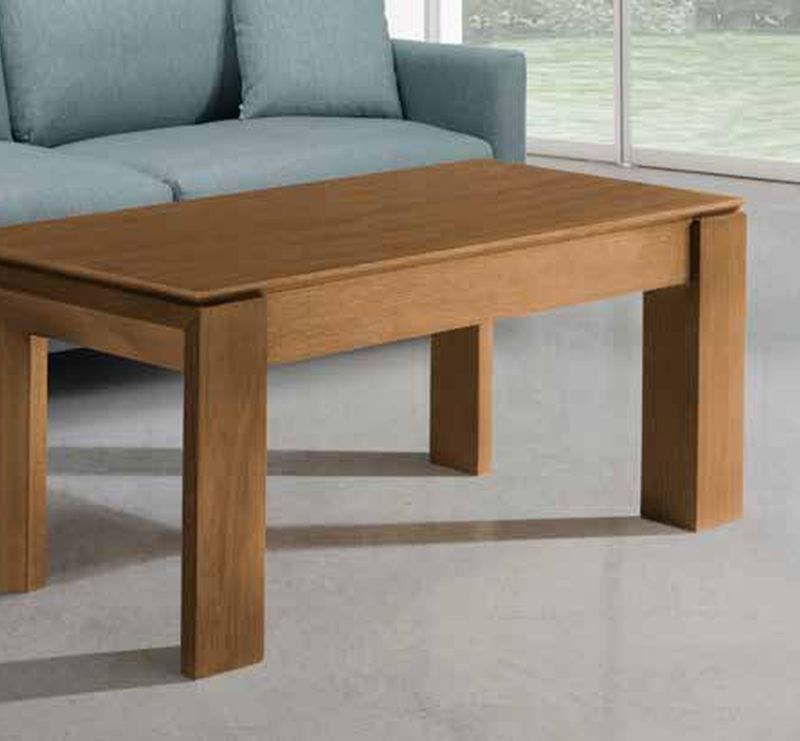 Mesa de centro elevable modelo 270 de SG, con el tablero rectangular volado por encima de las patas