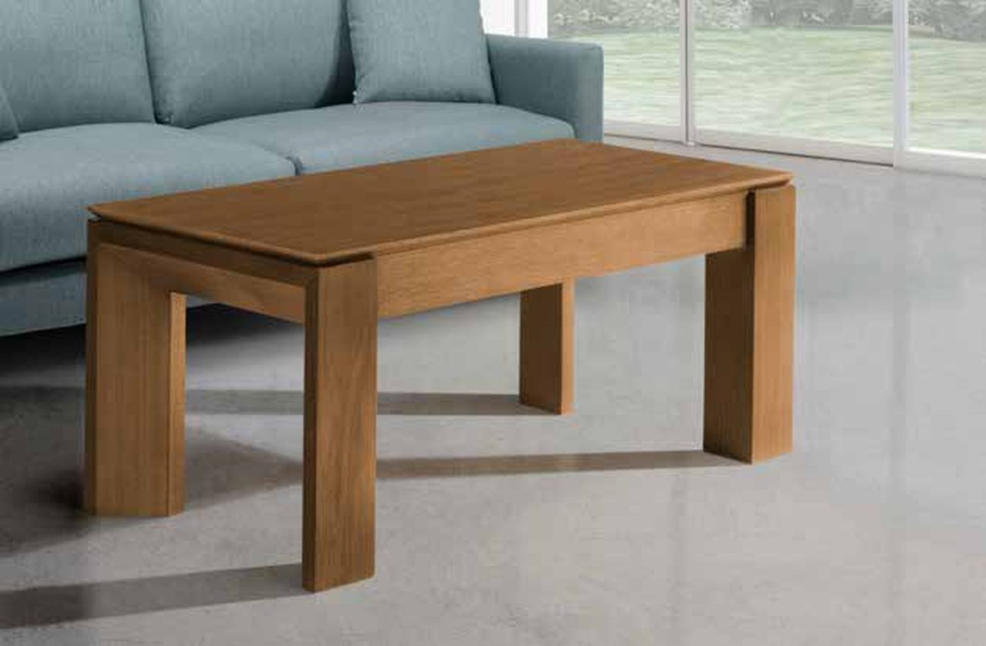 Mesa de centro elevable modelo 270 de SG, con el tablero rectangular volado por encima de las patas