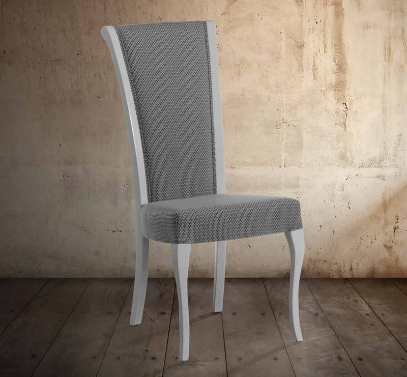 Silla de comedor modelo 156 de SG, respaldo alto tapizado liso sobre estructura blanca