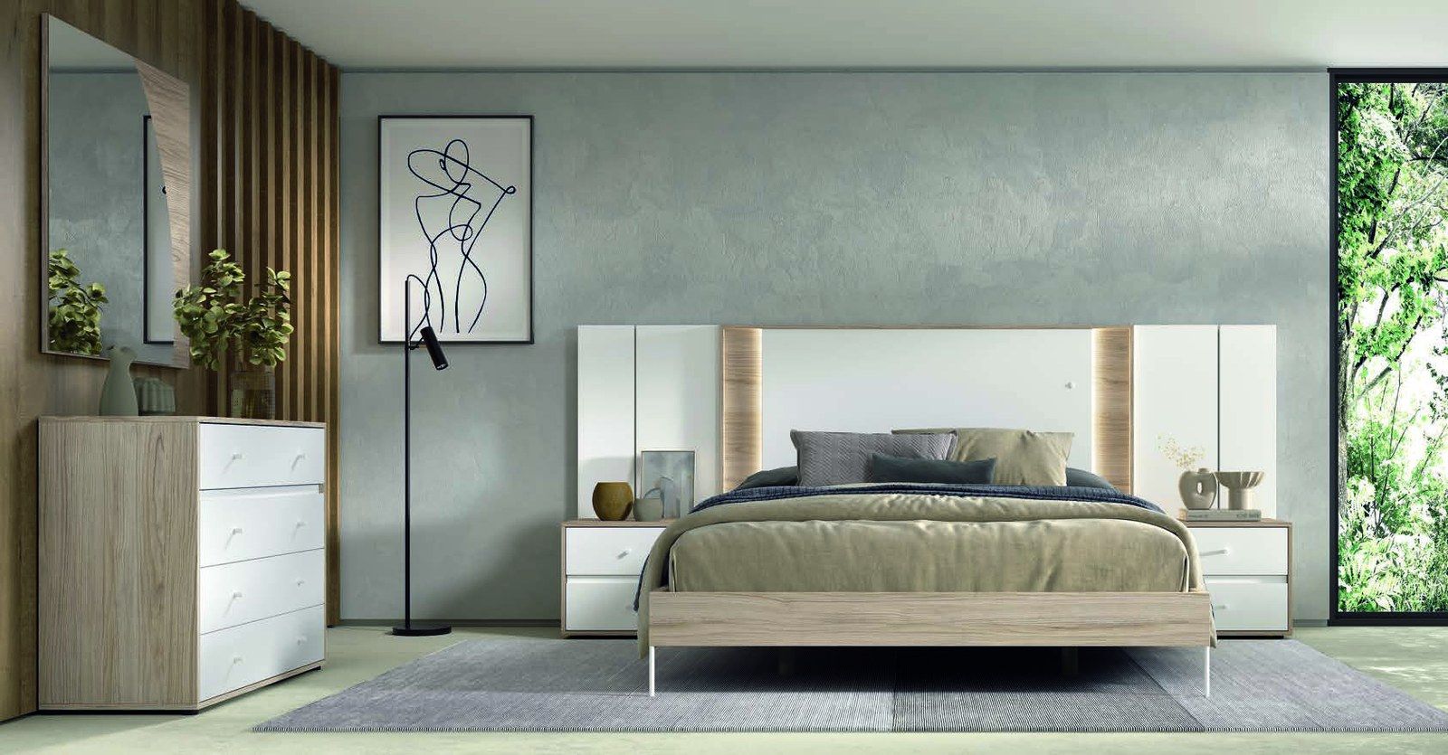 matrimonio-emotion-dormitorio-05-principal-01.jpg: Dormitorio Emötion composición 05 con cama doble, cabecero con alas e iluminación, módulos line y cómoda