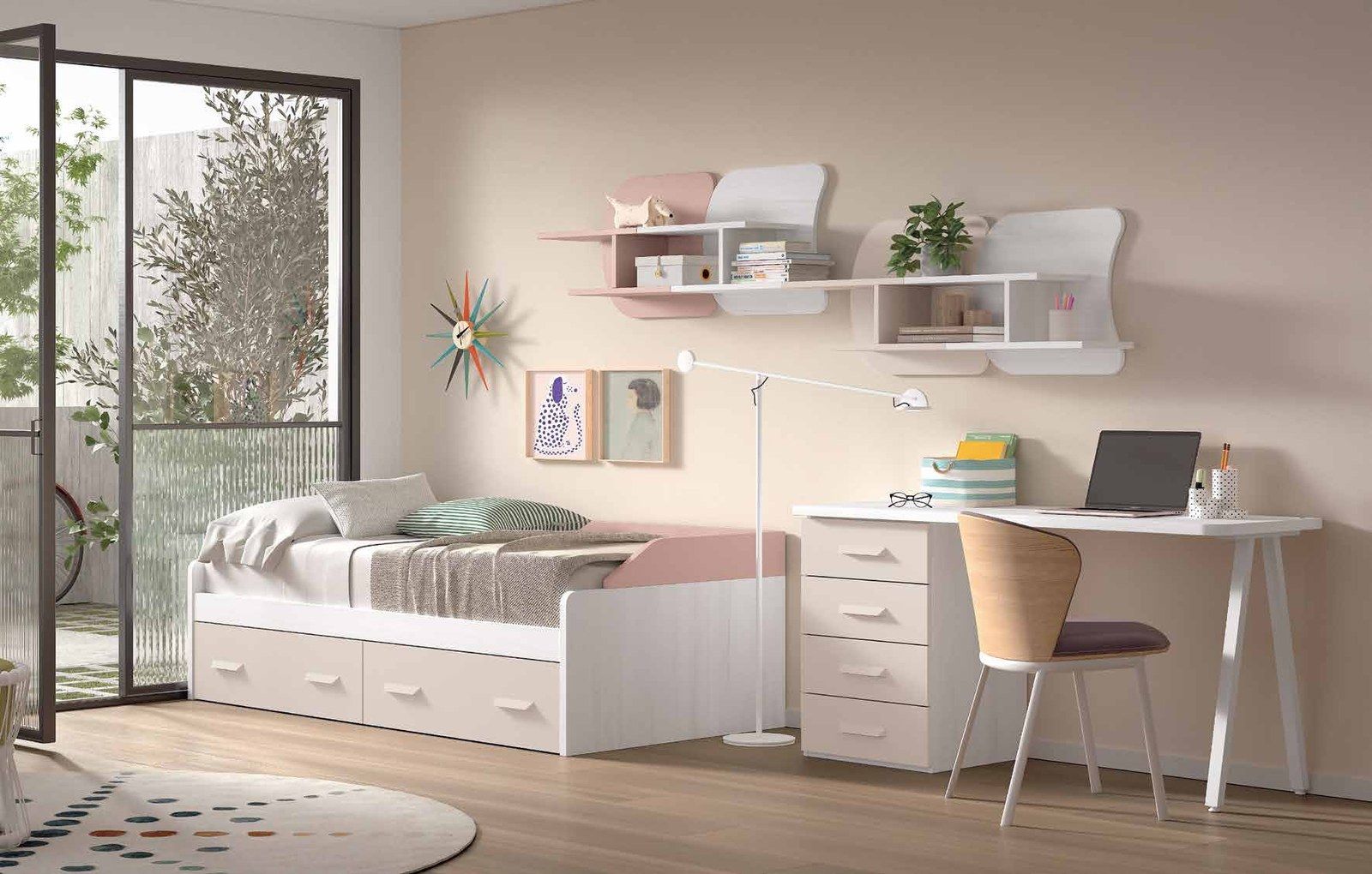 Dormitorio juvenil W•017 con cama nido y acabados TIZA, SEDA, ROSADO.