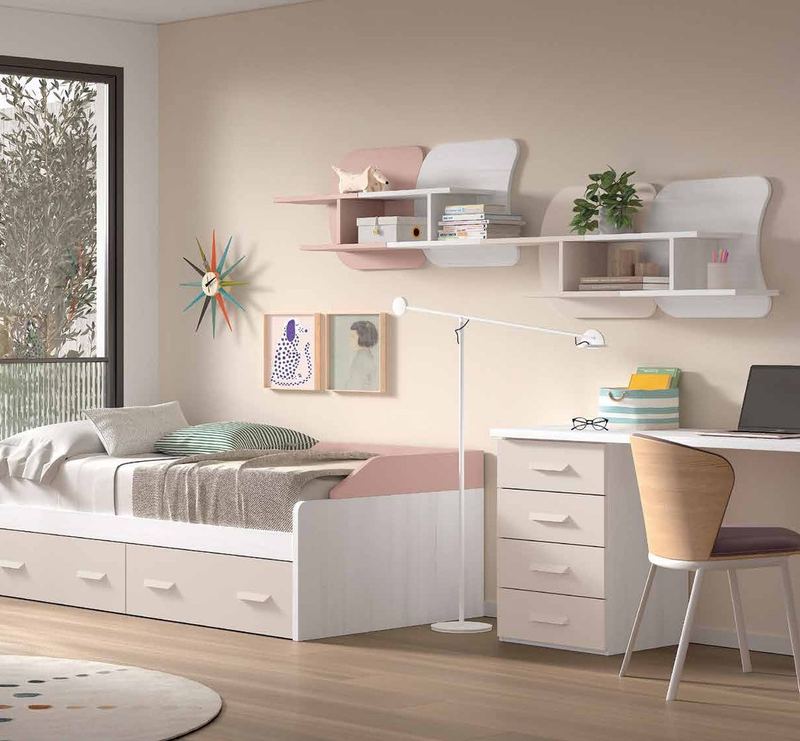 Dormitorio juvenil W•017 con cama nido y acabados TIZA, SEDA, ROSADO.