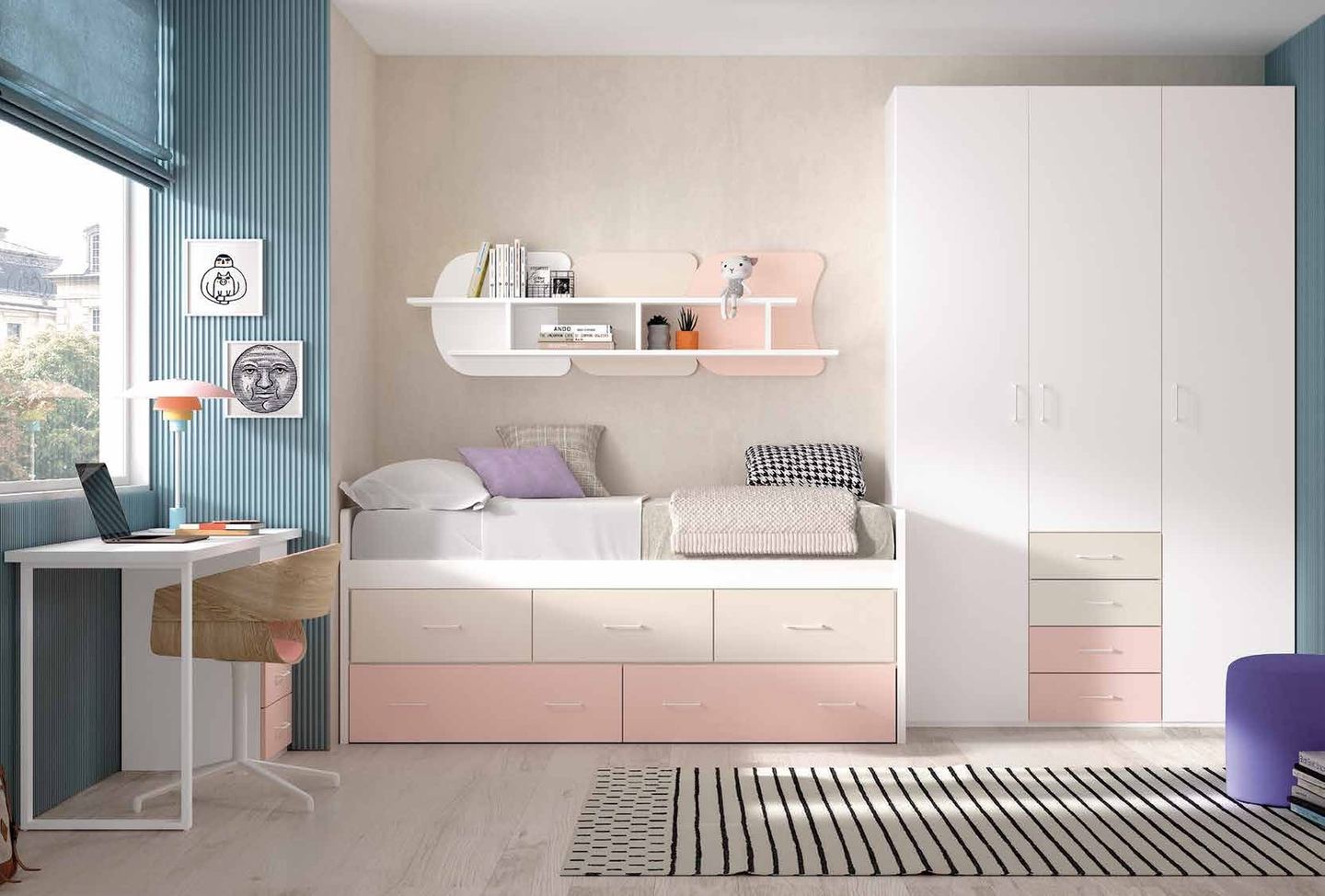 Dormitorio juvenil W•004 con compacto y acabados SEDA, PINK, BLANCO.