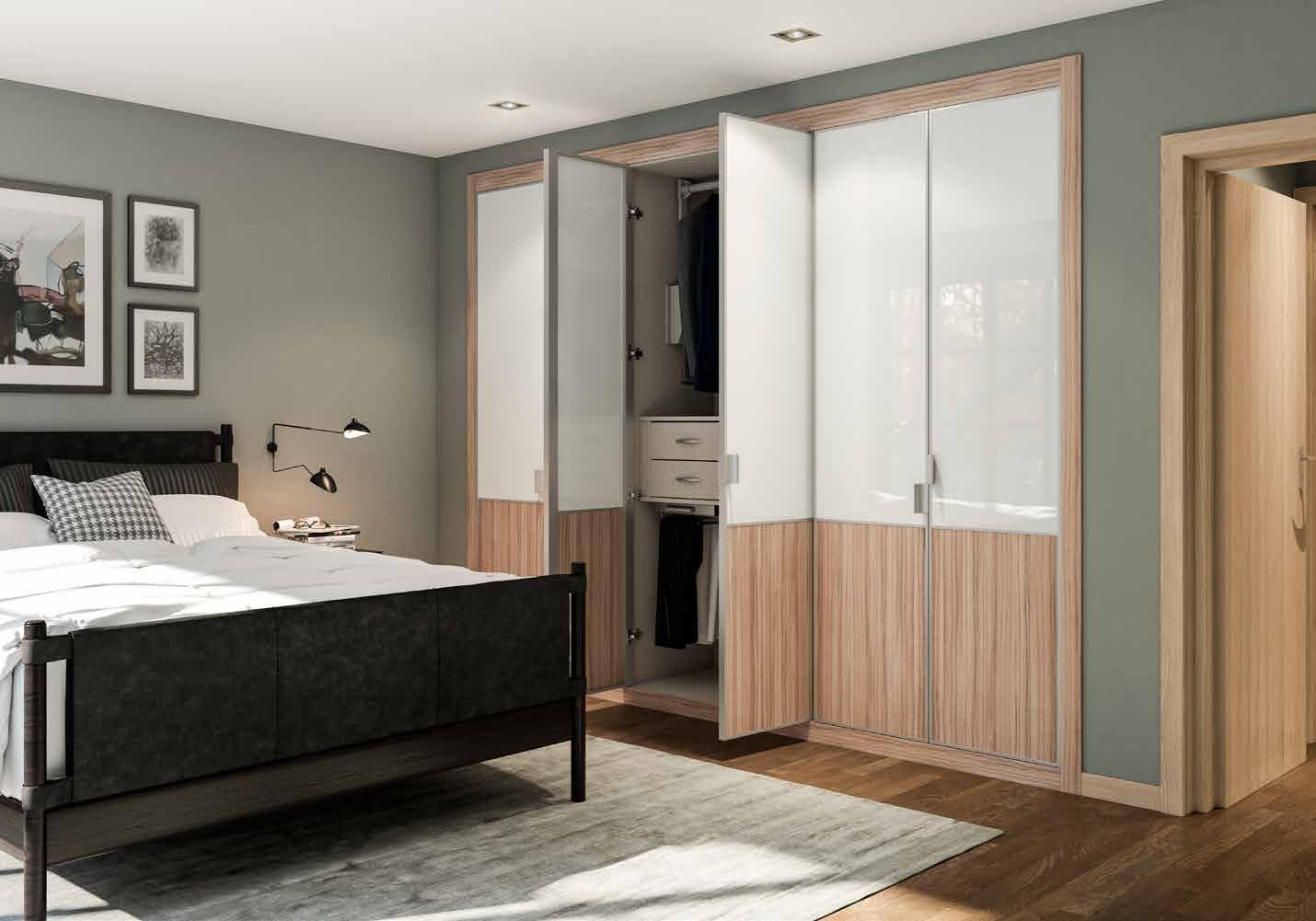 Puertas correderas de armario empotrado en coco-bolo y vidrio blanco, en un dormitorio, composición ab-mini.