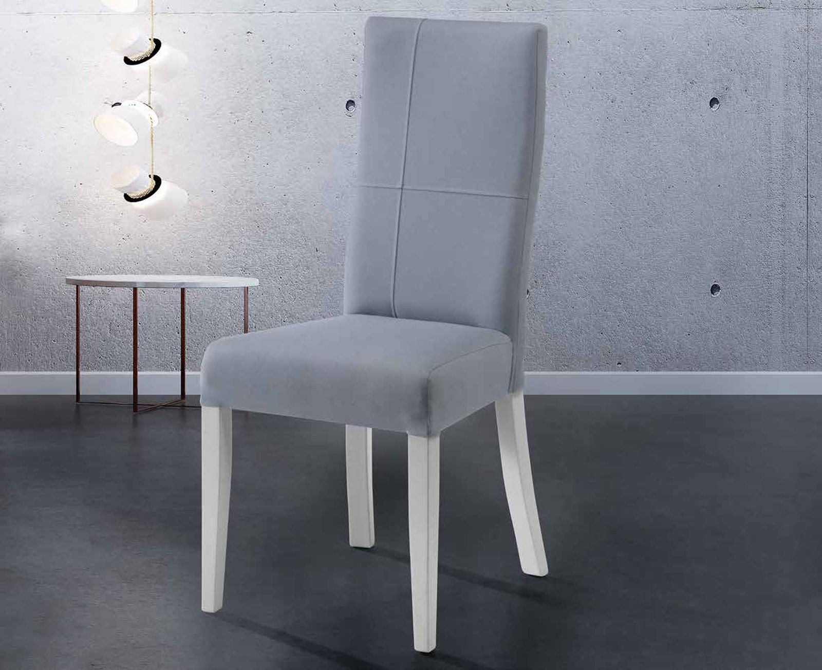 Silla de comedor modelo 151 de SG, respaldo alto tapizado dividido en dos franjas verticales, con estructura blanca