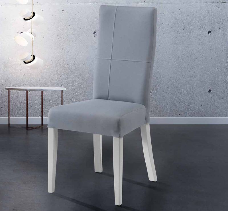 Silla de comedor modelo 151 de SG, respaldo alto tapizado dividido en dos franjas verticales, con estructura blanca