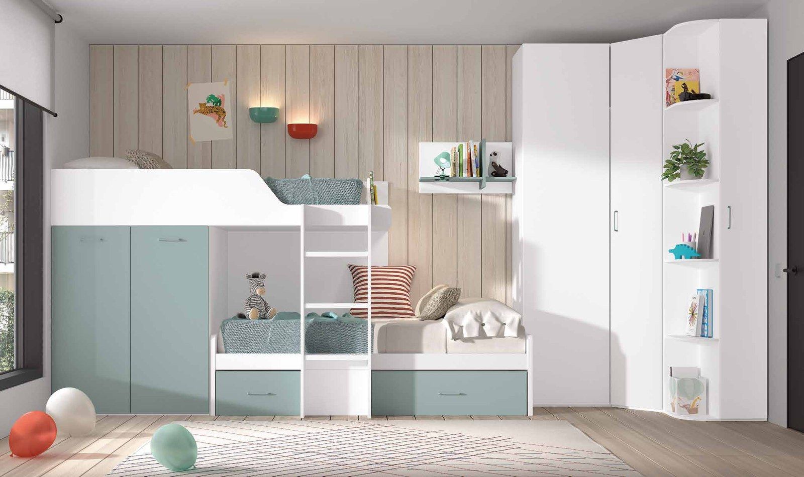 Dormitorio juvenil W•028 con cama block y acabados BLANCO, OCEAN.