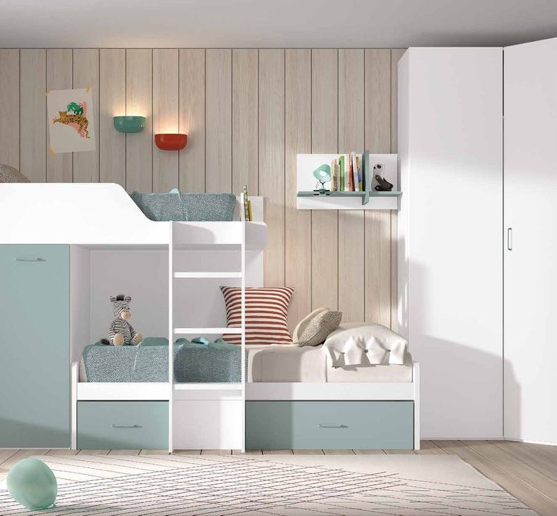 Dormitorio juvenil W•028 con cama block y acabados BLANCO, OCEAN.