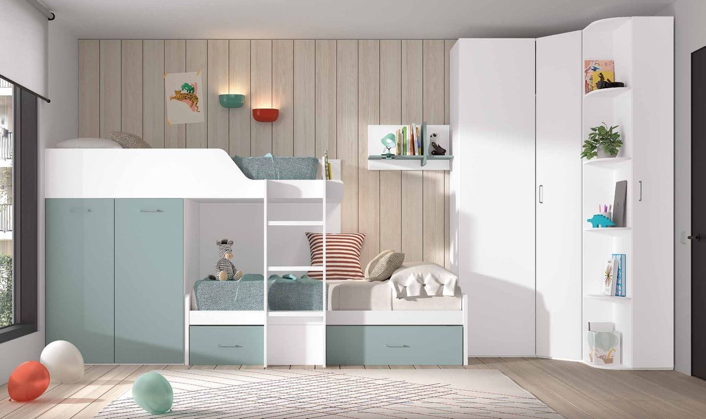 Dormitorio juvenil W•028 con cama block y acabados BLANCO, OCEAN.