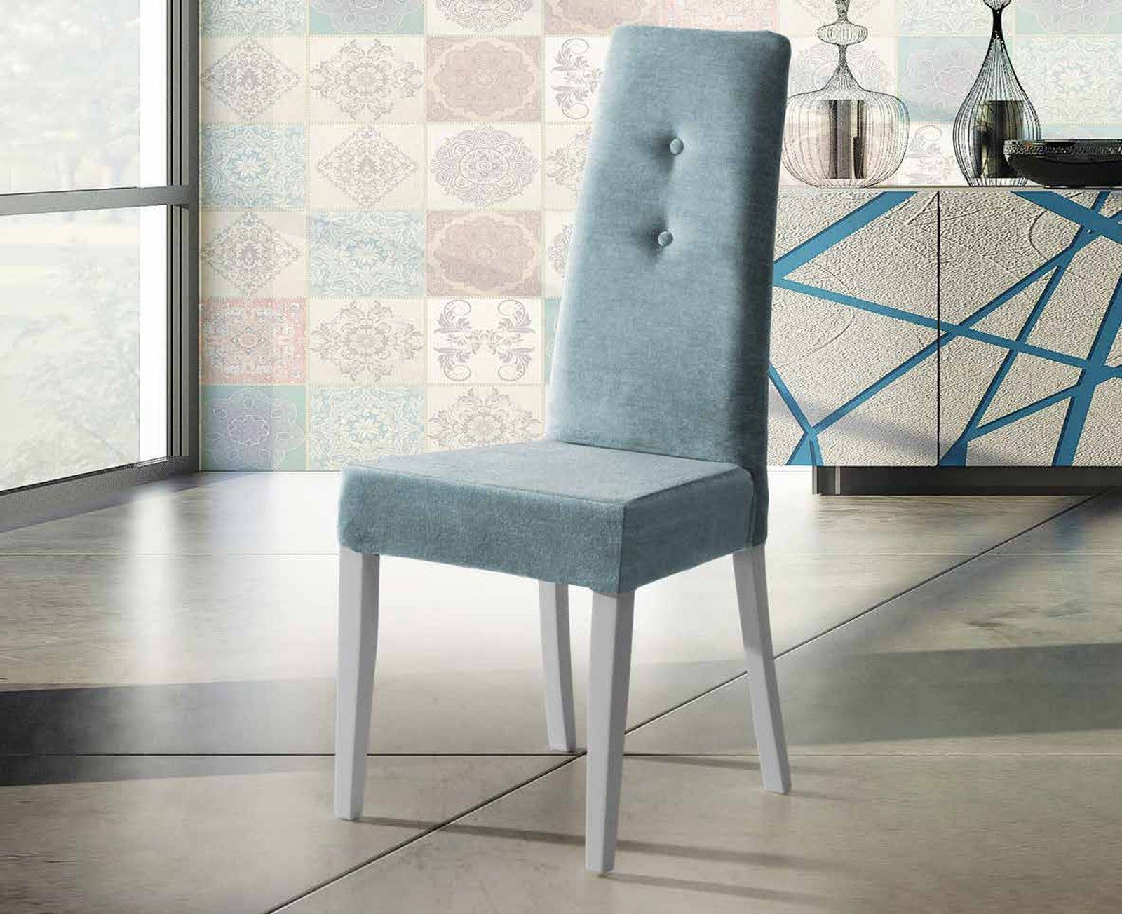 Silla de comedor modelo 148 de SG, respaldo alto tapizado remachado con dos botones y estructura blanca