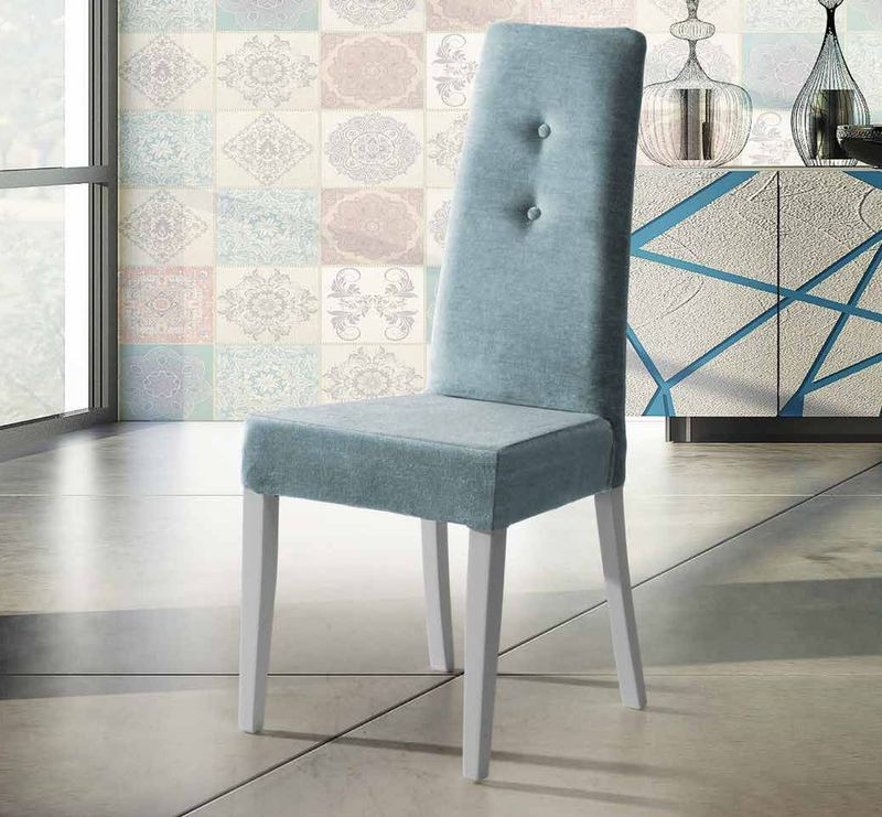 Silla de comedor modelo 148 de SG, respaldo alto tapizado remachado con dos botones y estructura blanca