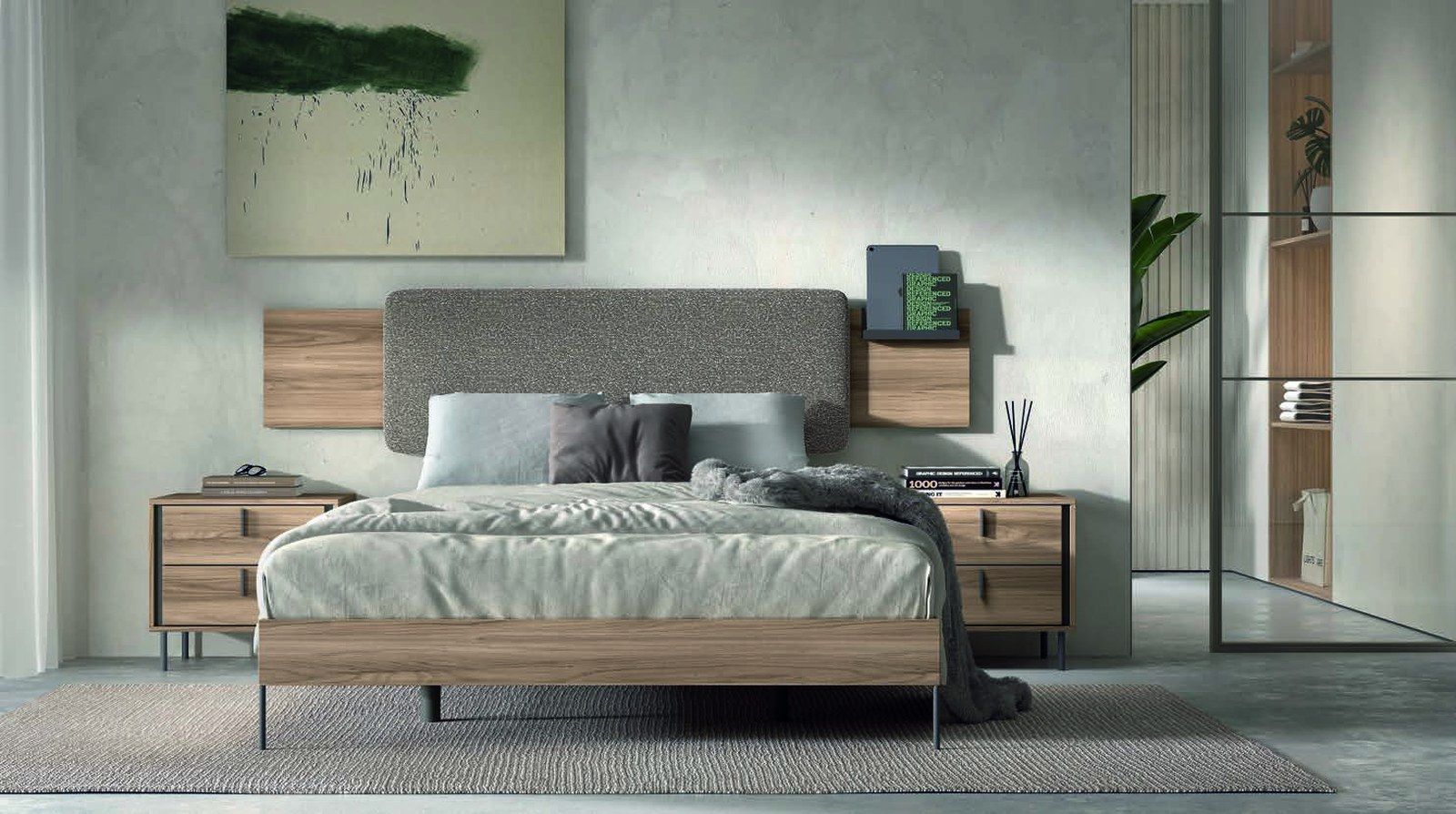 matrimonio-emotion-dormitorio-20-principal-01.jpg: Dormitorio Emötion composición 20 con cama doble, galería baku tapizada, módulos zen y frente acristalado al fondo