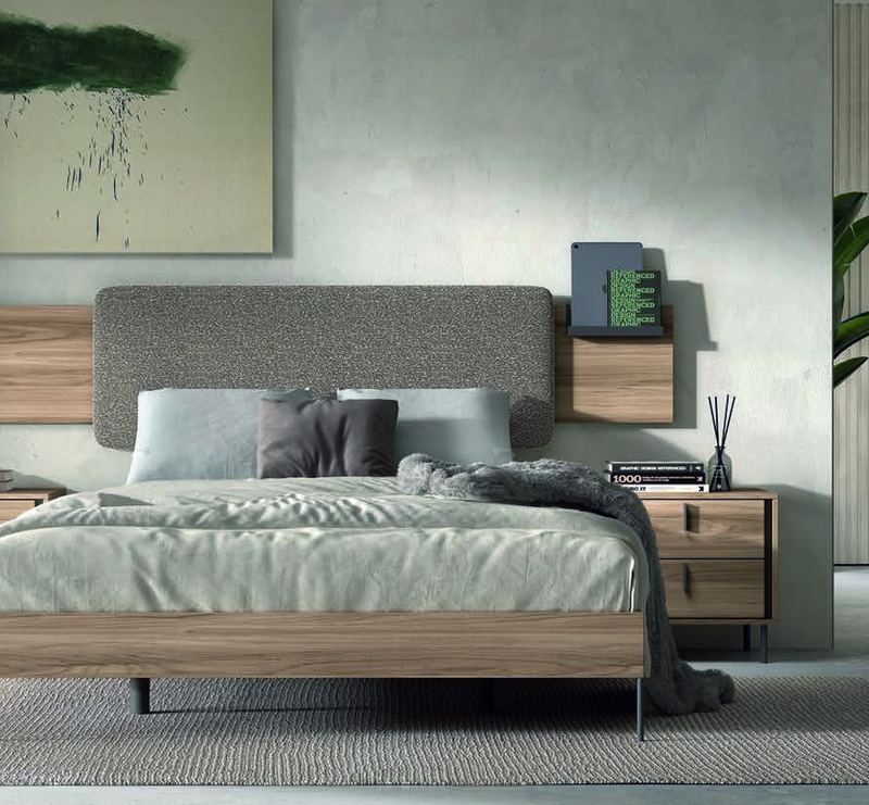 matrimonio-emotion-dormitorio-20-principal-01.jpg: Dormitorio Emötion composición 20 con cama doble, galería baku tapizada, módulos zen y frente acristalado al fondo