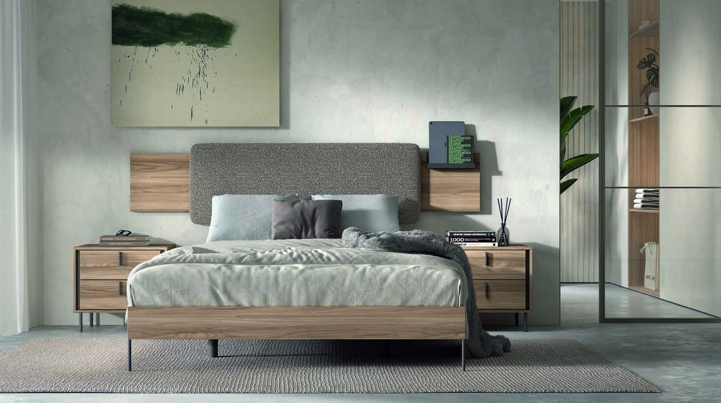 matrimonio-emotion-dormitorio-20-principal-01.jpg: Dormitorio Emötion composición 20 con cama doble, galería baku tapizada, módulos zen y frente acristalado al fondo