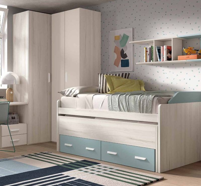 Dormitorio juvenil W•016 con compacto y acabados QUARZO, OCEAN, SEDA.