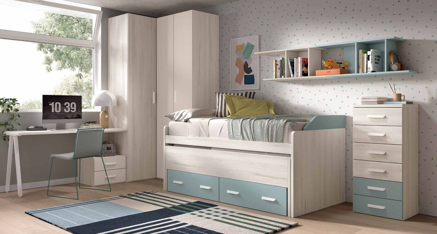 Dormitorio juvenil W•016 con compacto y acabados QUARZO, OCEAN, SEDA.