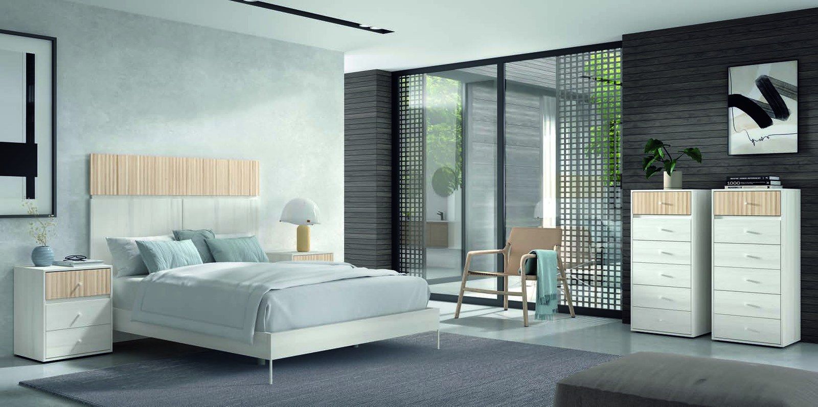 matrimonio-emotion-dormitorio-24-principal-01.jpg: Dormitorio Emötion composición 24 con cama doble, cabecero bora, módulos line y dos cómodas altas