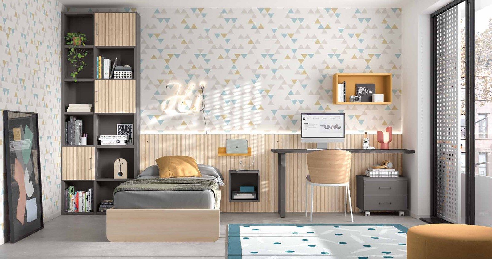 Dormitorio juvenil W•032 con cama individual y acabados ÁMBAR, PIZARRA, LANK, CAMEL.