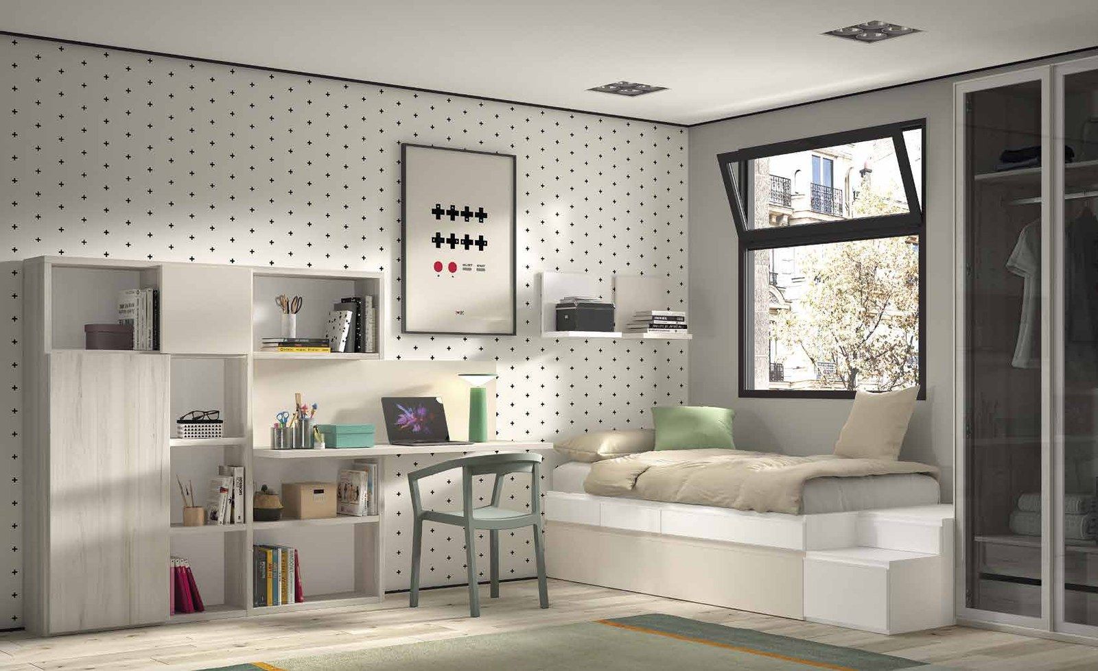 Vista general de la composición F-157, se observan cama modular, armario con puertas Clair, escritorio y almacenaje.